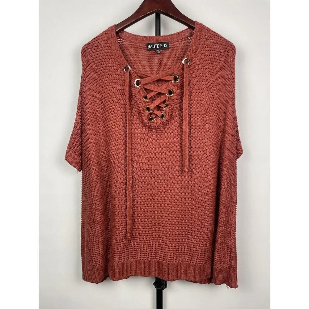 Haute‎ Fox Rust Red Knit Short Doleman Sleeve Tie Neckline Blouse Size 3X - Picture 1 of 7